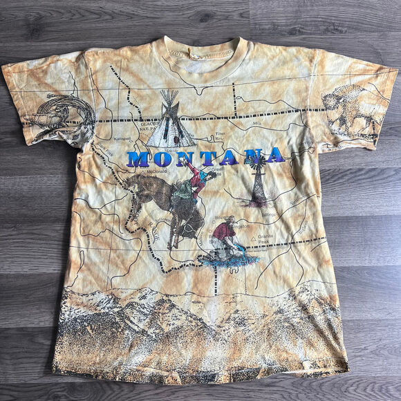 VTG Montana T Shirt Men Large AOP Cowboy Gold Prospecting Map Tee 1993 Tepee USA - Picture 1 of 16